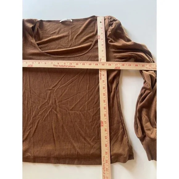 Reformation Jeans brown scoop neck puff sleeve ribbed long slv tshirt XL stretch - Picture 6 of 8